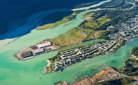 Aerial view of the Squamish oceanfront peninsula and surrounding channels